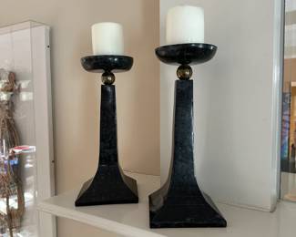L56 - $25 PAIR. Faux stone candlesticks. Measures 12.5" tall. 