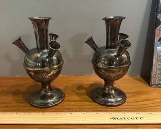 M1 - $75 PAIR. Silver-plated Epergne Victorian Vases. Measures 4" wide x 6.5" tall. 