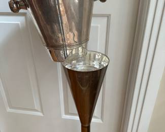L15 - $250. Silverplated Champagne or Wine Cooler on a Stand.  Made in India. Measures 11.5" x 36" tall. Bucket lifts out or rests in stand. 