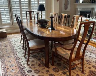 L12 - $600. Drexel Heritage Dynasty Collection Burled Walnut Dining Table With 8 Chairs (2 captains / 6 regular). Table Measures 66" x 45" x 29" tall. Includes 2 Leaves - Each Measures 22". Chairs Measure 22" x 19" x 42" tall. Overall very good condition. Some minor surface scratches and one leg has a piece of veneer missing that you have to really look to find. One captains chair has stained upholstery - might clean out? The others all look great.