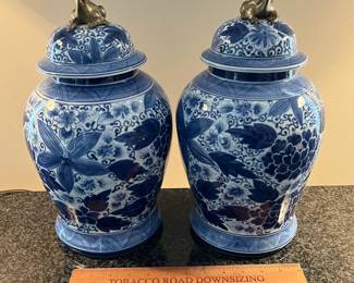 L19 - $120 PAIR. Maitland Smith Blue and White Porcelain Ginger Jars with Frog Knobs. Measures 8" x 14" tall. 