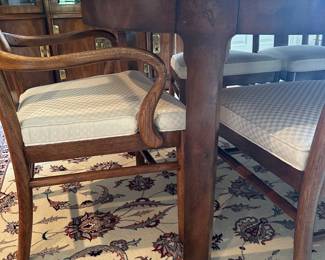 L12 - $600. Drexel Heritage Dynasty Collection Burled Walnut Dining Table With 8 Chairs (2 captains / 6 regular). Table Measures 66" x 45" x 29" tall. Includes 2 Leaves - Each Measures 22". Chairs Measure 22" x 19" x 42" tall. Overall very good condition. Some minor surface scratches and one leg has a piece of veneer missing that you have to really look to find. One captains chair has stained upholstery - might clean out? The others all look great.