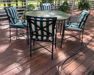 G9 - $400. Brown Jordan Table with 4 Chairs. Table is 49" round x 29" tall. Chairs are 22" wide x 20" deep x 35" tall. Floor to seat is 19" with cushion. Table and chairs are all sturdy but there is starting to be MINOR rusting / flaking. Solid brand so a little TLC will keep these going for years! Cushions have been stored indoors and are in excellent condition!