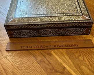 K20 - $25. Large Moroccan Moorish Inlaid Wood Box. Measures 12.25" x 8.5" x 2.5" tall. There are some small pieces of veneer & inlay missing. 