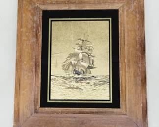 Vtg Foil Print Of Ship At Sea