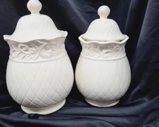 White Ceramic Temple Jar With Lid Lot of 2