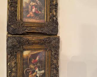 Vintage rooster and chicken oil paintings