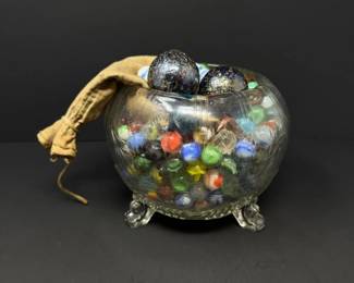 66 VintageLargeGlassBowlwMarbles2SpeckledShooters