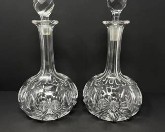 58 PairofCrystalDecanterswFacetedStoppersDifferentCutDesigns