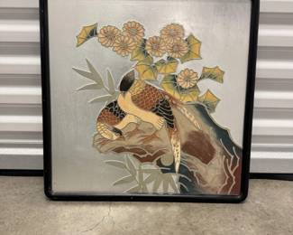 176 FramedChokinStyleJapaneseBirdFloralArtworkonSilveredPanel