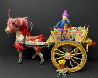 73 VintageHandPaintedSicilianWoodenHorseCartw2Dolls