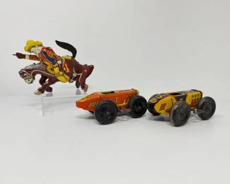 111 VintageTinWindUpToysCowboyonHorseRaceCars