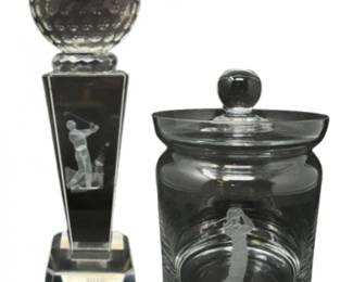 164 CrystalGolfTrophyEtchedGlassJarwLidGolferDesign