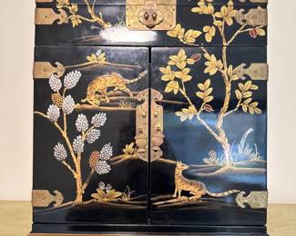 6 AsianLacqueredJewelryCabinetwDetailedNatureAnimalMotifs