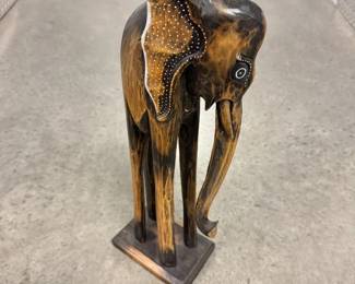 145 TallHandCarvedWoodElephantSculpturewBurntFinishDotAccents