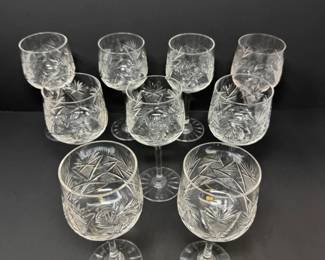 54 Setof9CutCrystalWineGlassesEtchedStarburstDesign