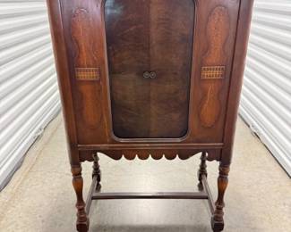 115 AntiqueWoodStorageCabinetwInlayDesignTurnedLegs