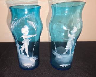 Mary Gregory style blue glass vase.