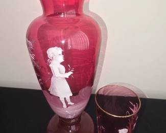 Mary Gregory style cranberry glass vase.