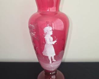 Mary Gregory style cranberry glass vase.