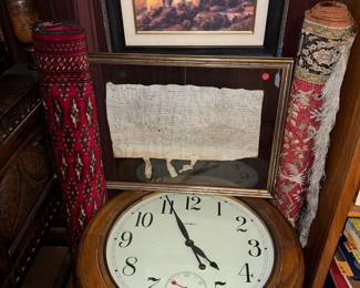 Howard Miller Clock Coffee table, 17th century Indenture document on parchment. Hand made Persian Rugs and Listed Artist Oil Paintings.