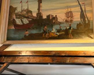 Antique 17th century Oil Painting of a Harbor.