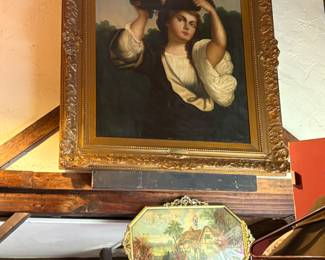 18th century oil painting of a woman carrying fruit