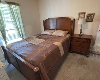Bedroom suite:  will sell as a set or separately. Queen size bed, head board, foot board, rails, mattress set,  tall dresser, night stand. We also have comforter and sheet sets for sale.  These are nice well made pieces of furniture. 