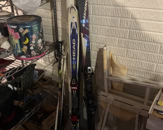 Assorted Skis, snowboard