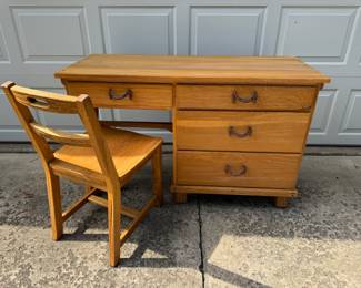 Mid Century Ranch Oak Writing desk & Chair, includes glass top