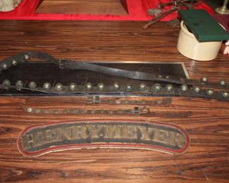 2pc lot; 26 Antique Sleigh Bells (broken) w/ Henry Meyer Sign    