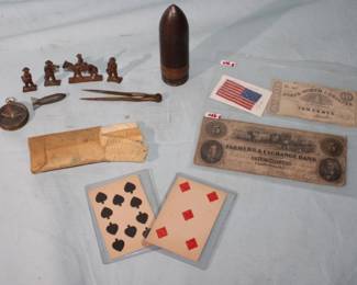 3 War Lot; Civil War cards, Currency, Compass, WWI Metal Men, Compass, WWII, Yellow Dog, Pro-Kit, Hand Stitched Flag   