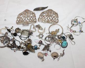 Large Group of mostly Sterling Jewelry for the creative repurposer, earrings, pendants, pins, some are ready to wear ost need TLC, 172.9 grams total weight