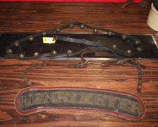 2pc lot; 21 Antique Sleigh Bells w/ Henry Meyer Sign 