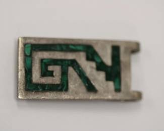 .925 Sterling Money Clip featuring inlaid malacite geometric design, signed with hallmarks for Taxco exico approx 2" long and weighs 24.2 grams total weight