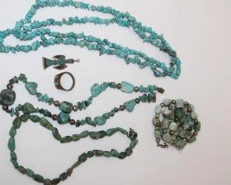 .925 Sterling Native American lot; Southwest Jewelry to include 4 chunk turquoise necklaces, one needs to be restrung, ring with inlaid turquoise and coral and a pendant in shape of thunder bird with inlaid turquoise .... nice grouping, all for one money