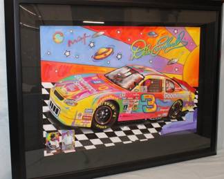 Peter Max Dale Earnhardt Nascar Acrylic on Poster Thunder Roadster #9 By: Peter Max
Frame: 48" x 36"
Personalized on back "4 Steve, Love Max" Sold in 2007 for $6,500.00
