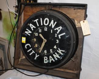 National City Bank Neon Clock 20" dia 25.5" (frame has crack on face)    