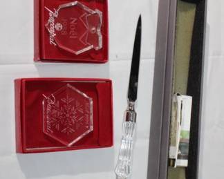 3pc Lot; 2 Baccarat Ornaments 1981 & 1988, Waterford Crystal letter opener