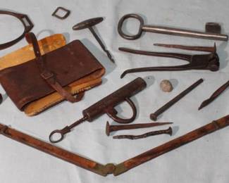 Mostly Civil War Tools 16pc nails, game pieces, etc  