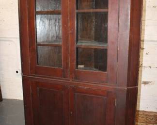 19th Century Walnut Corner Cabinet, 2 glass doors over 2 blind doors 83" x 58"    