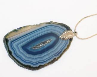 .925 Sterling Pendant and Chain, pendant is slabbd cut blue lacy agate with sterling leaf bale hanging from 24" Italian sterling chain, pendant measures approx 2.25" long and approx 1.5" wide at widest point and weighs 15.8 grams total weight, Fantast