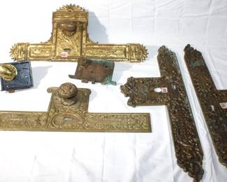 Antique Victorian Solid Brass Door rim lock sets w/ intricate designs; torches, cherubs, flowers, spider webs tallest 24.5"    