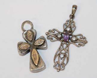 2 Crosses (1) 14k - .925, (2) Sterling w/ amethyst colored stone, 1st cross is hallmarked Israel 585 for 14kt and .925, 7.8 grams total weight for both