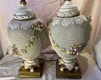 Capodimonte Large Vintage Table Lamps Pair