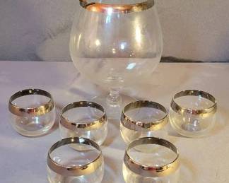 MCM Silver Rimmed Roly Poly Martini Pitcher Glasses, 7 Pcs