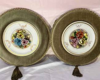 Capodimonte Style Floral Plates Mounted In Velvel Wall Hanging Pair, Vintage