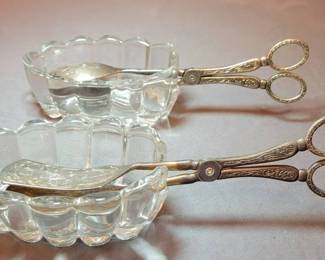 Silverplate Toast Salas Tongs With Pressed Glass Holders, Vintage