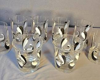 MCM Two Tone Leaf Motif Glass Barware, Vintage 8 Pcs
