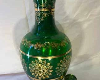 Vecchia Murano Green Gold Gilted Bohemian Vases 2 Pcs Vintage